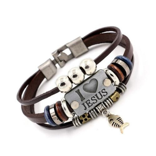 Killerdeals Unisex Black I Love Jesus Charm Stainless Steel & PU Vegan Leather Bracelet