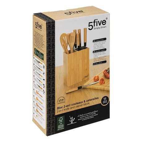 5five Bamboo Kitchen Utensil Holder with 5 Knives & 5 Utensils