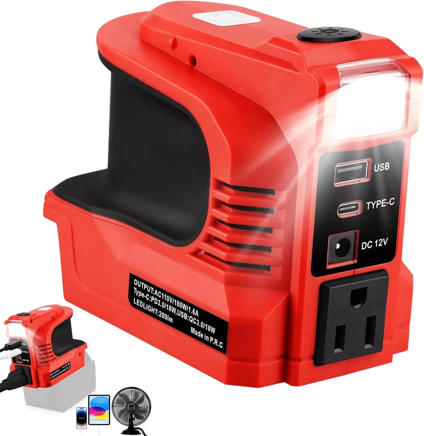 180W Power Inverter for Milwaukee 18V Battery Portable Power Generator Led Light