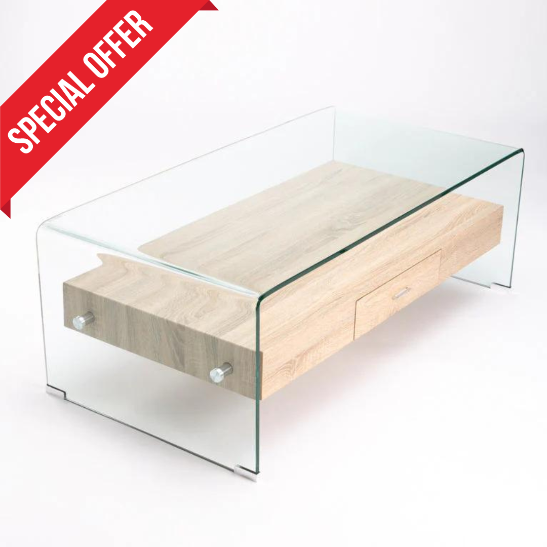PORT 120x60cm 12MM TEMPERED GLASS COFFEE TABLE WITH DRAWER