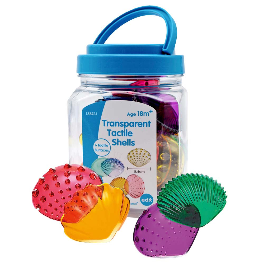 EDX Education – Tactile Shells – Transparent – 6 Tactile Surfaces & Colours – Large – Activity Guide – 36pcs Jar