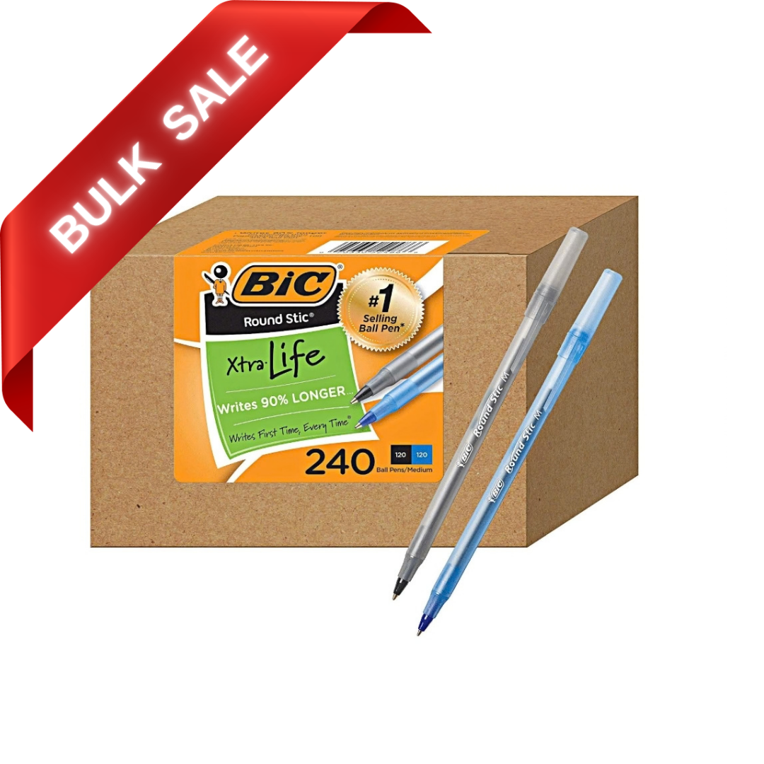 BIC PENS Large Bulk Pack of 240 Ink Pens, Bic Round Stic Xtra Life Ballpoint, Medium point 1.0 mm, 120 Black & 120 Blue Pens in Box Combo Pack