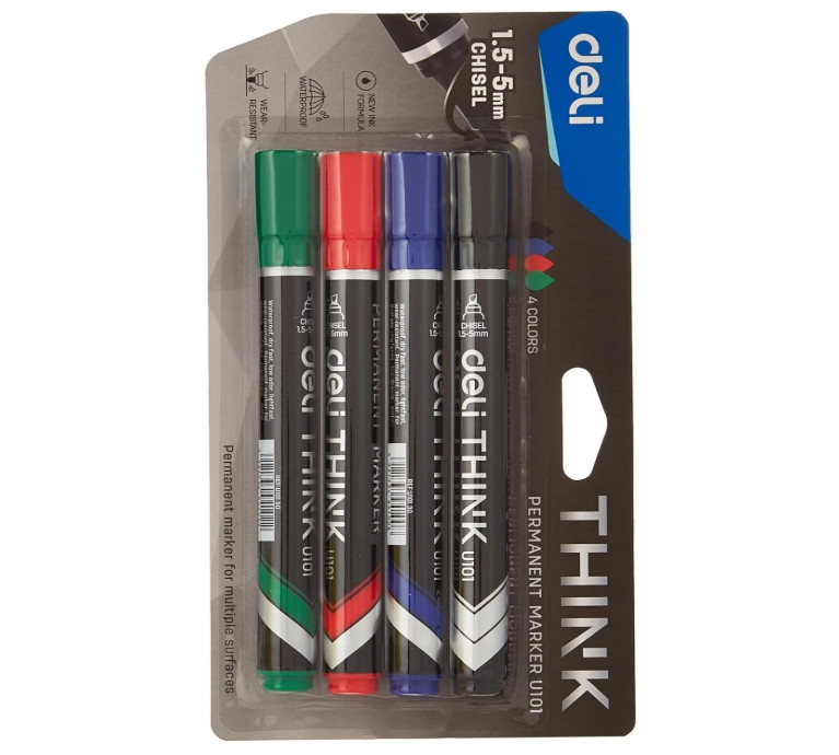 Deli Chisel Tip Permanent 4 Marker, 1.5 mm Tip Size, Black/Blue/Red/Green